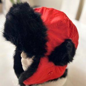 PAUL LOINBURD BLACK REAL FUR, RICH RED NYLON COVER WINTER HAT